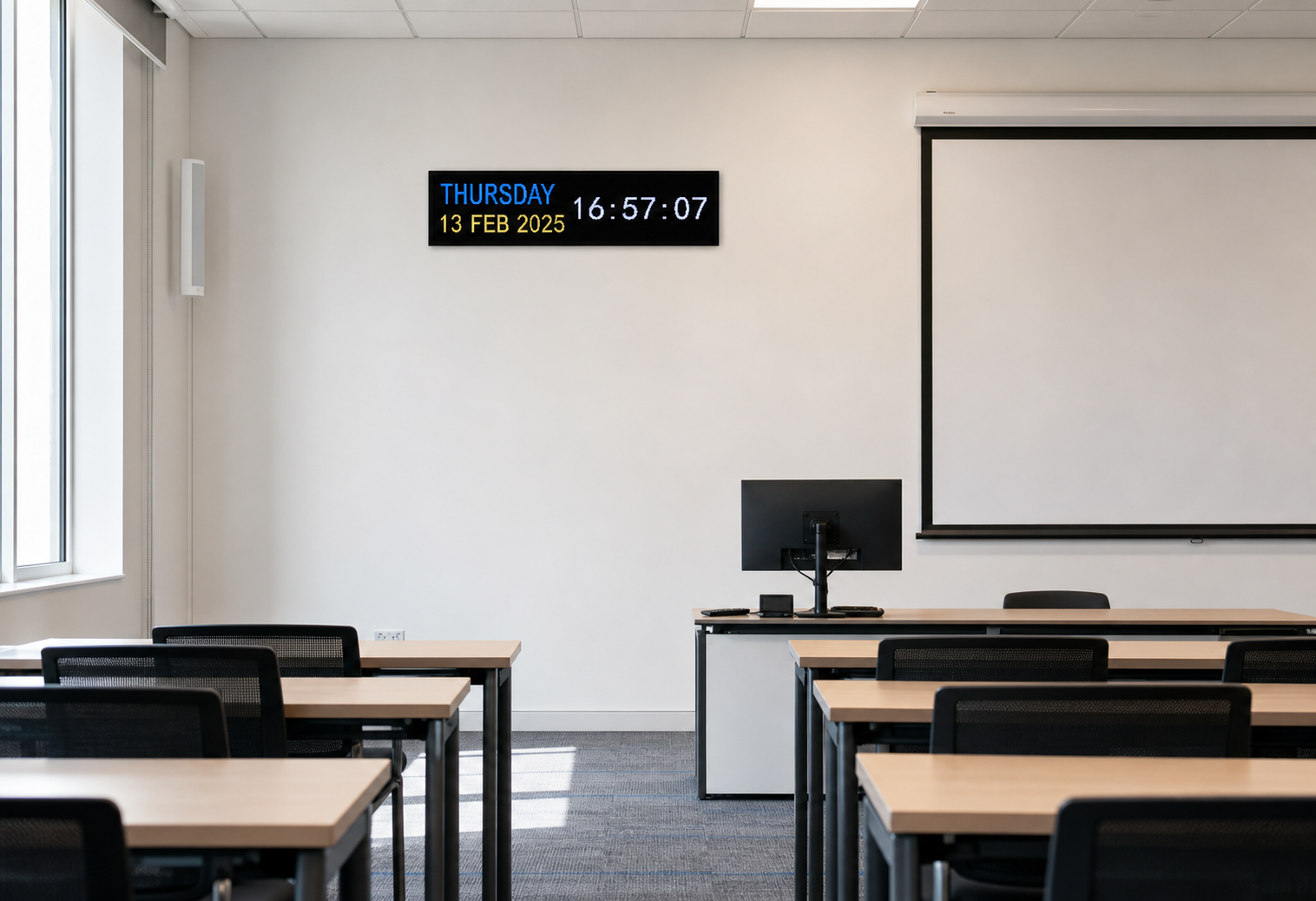 English dot-matrix synchronized clock in an education facility