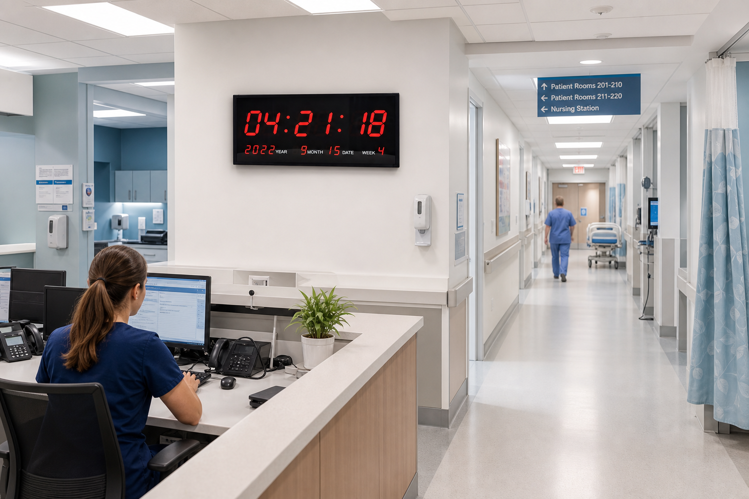 Synchronized hospital clock at a nurse station