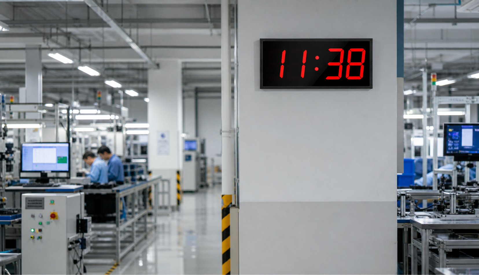 Large synchronized clock on an industrial production floor